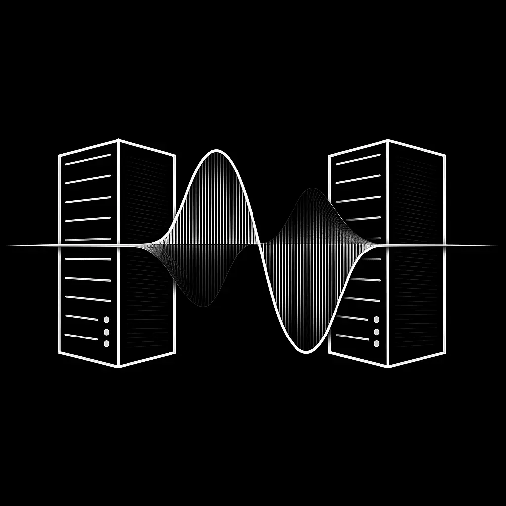 Illustration of high-speed server infrastructure with data transfer visualization
